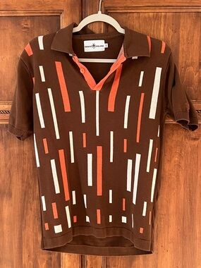 Madcap England knitted striped polo shirt | Brown - Orange  - White | Size XS